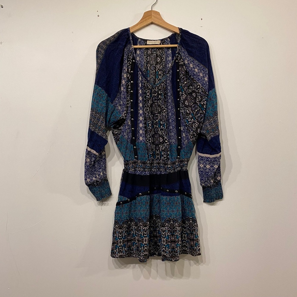 Ramy Brook Silk Patchwork Mini Dress Blue Teal Studded Smocked Waist Boho